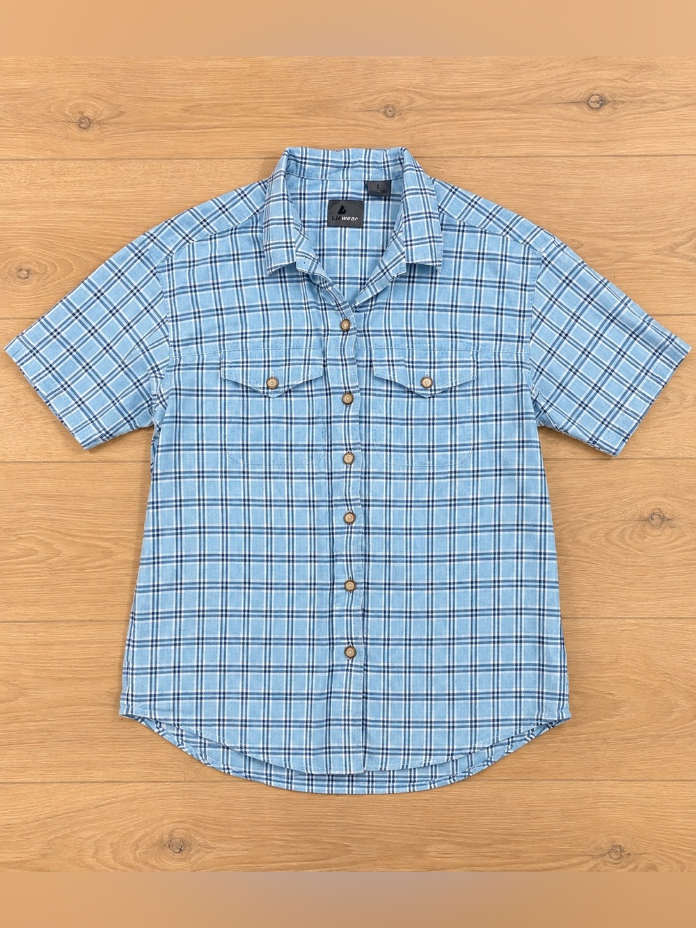 Lizwear Linen Cotton Plaid Button Down Shirt Blue Size S